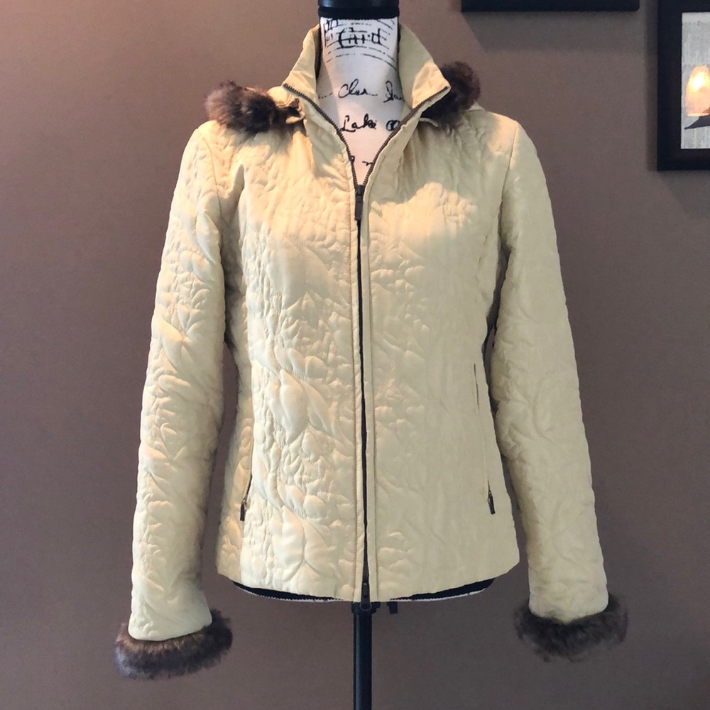 CAbi Quilted Faux Fur Trimmed Jacket